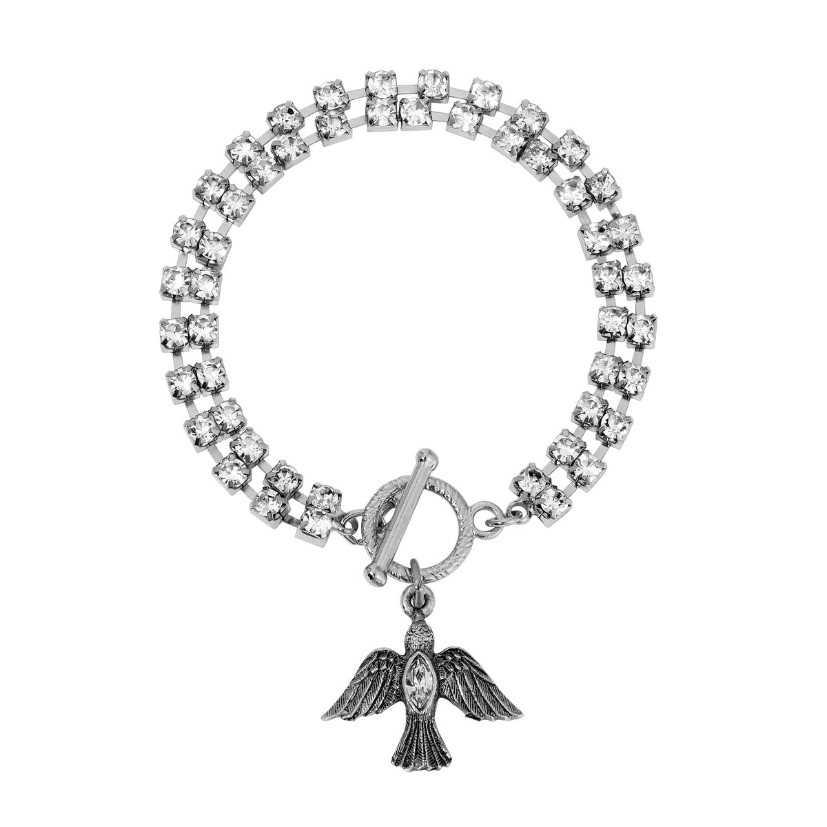 1928 Jewelry Rhinestone Dove Charm With Crystal Toggle Bracelet