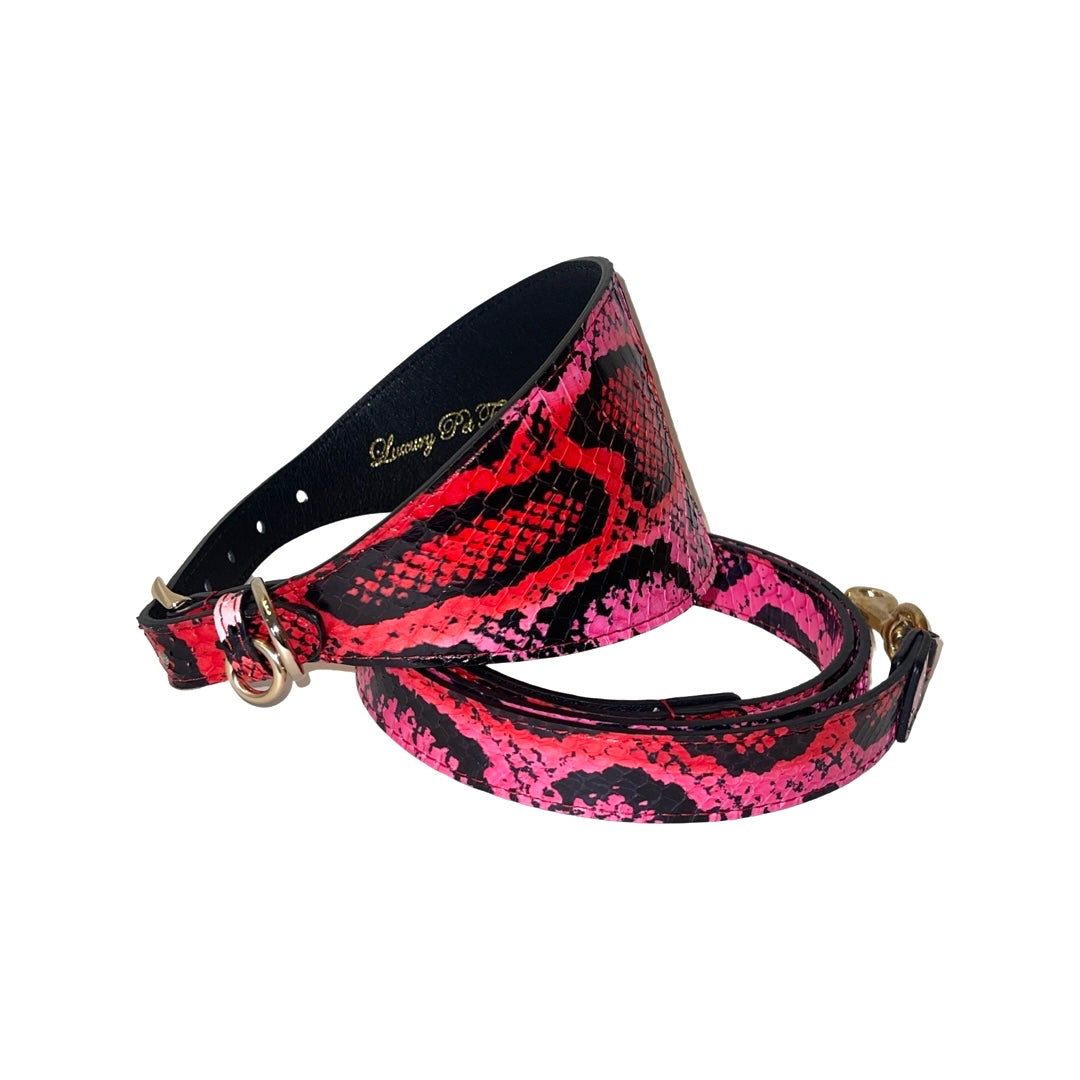 Fuchsia/Light Pink/Red & Black Custom Snake 4" Wide Style Collar & Leash Set