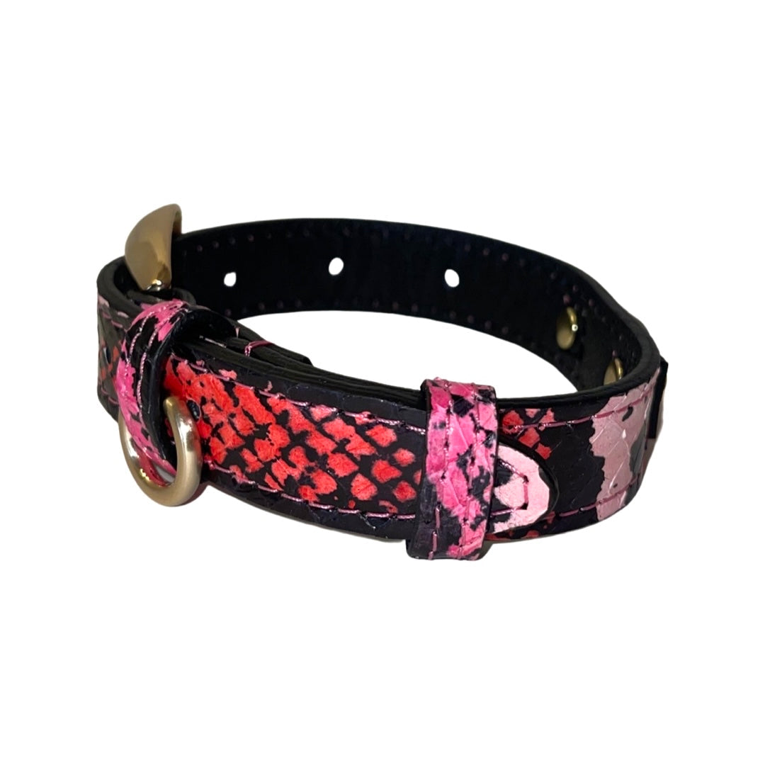 XS/S 7"-14" Fuchsia/Light Pink/Red & Black Snake Collar/Custom Gold Italian Hardware