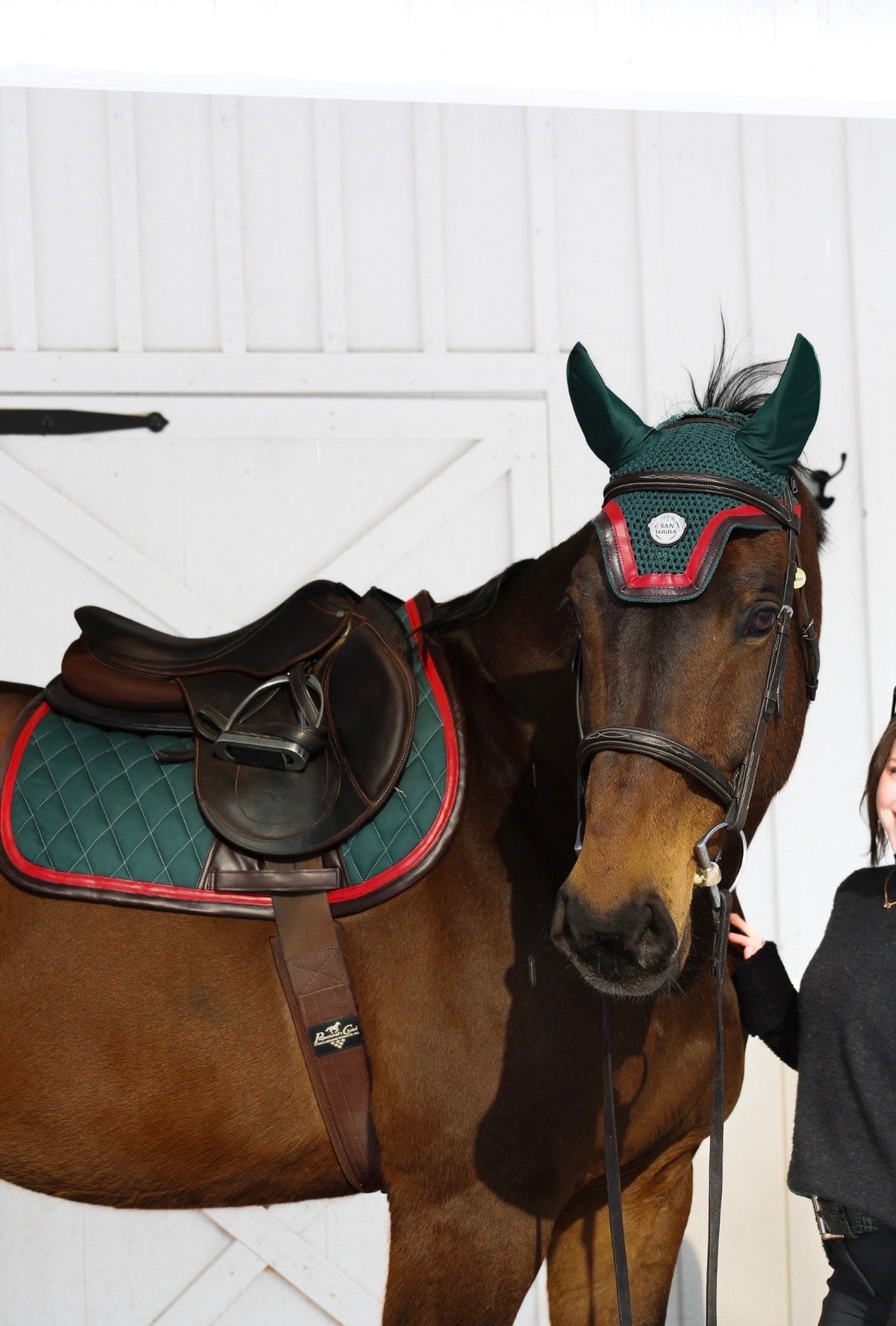 San Eligius green quilted jump saddle pad with red and brown leather piping, side profile view