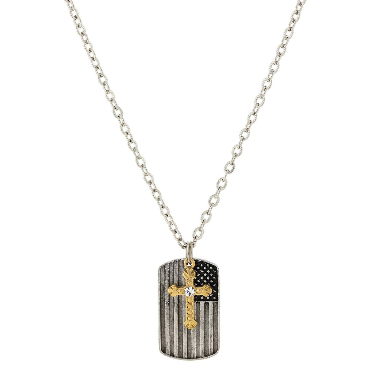 1928 Jewelry Cross Charm and American Flag Dog Tag Pendant Necklace 24 Inch