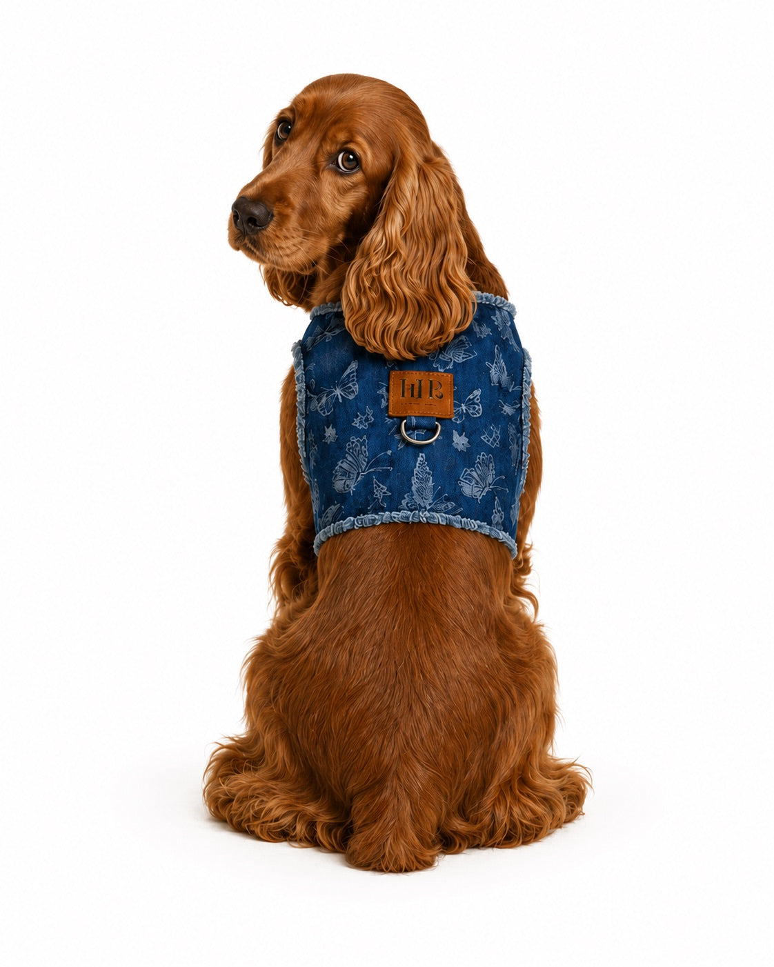 Heads or Tails Pup Butterfly Print Denim Dog Harness
