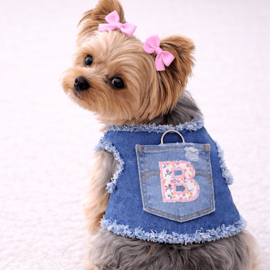 Heads or Tails Pup Denim with Floral Initial Dog Harness