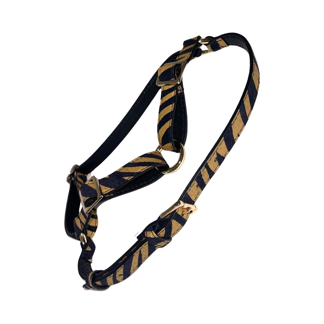 Allysa Payne Black & Gold Zebra Print Italian Leather Dog Harness