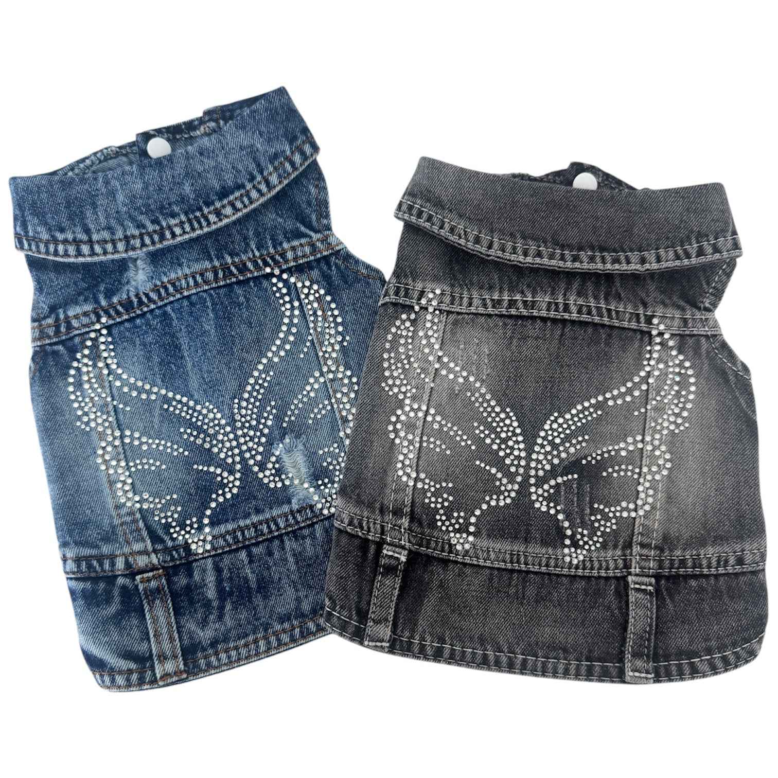 Heads or Tails Pup Rhinestone Wings Denim Dog Vest