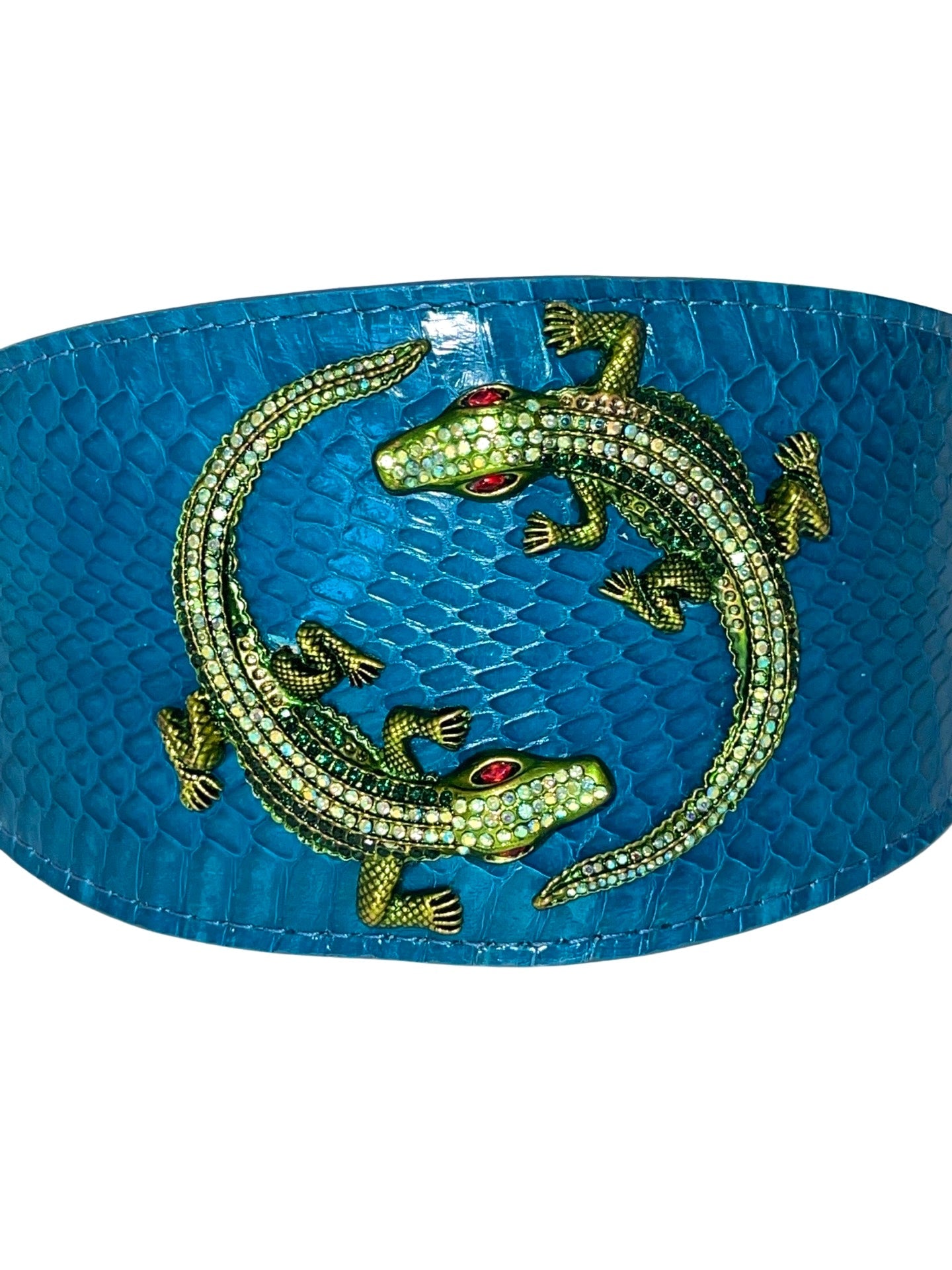 Dark Turquoise 3” Wide Style Snake Collar With Green Rhinestone Alligators