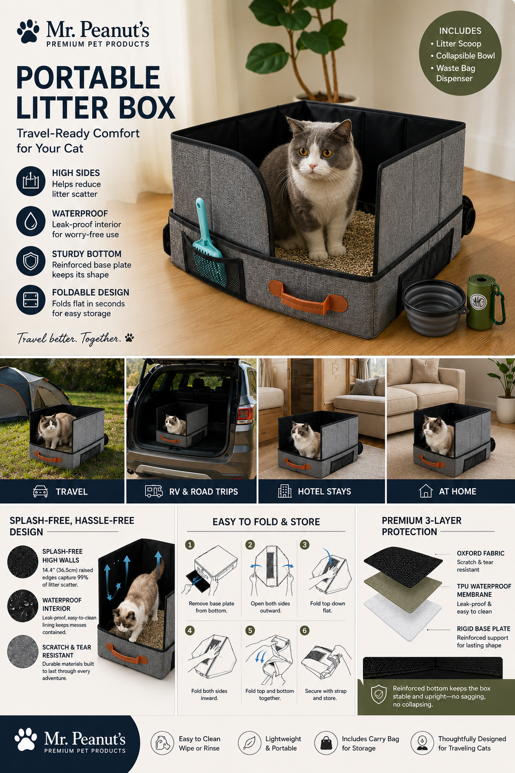 Mr. Peanuts – Portable Foldable Travel Cat Litter Box