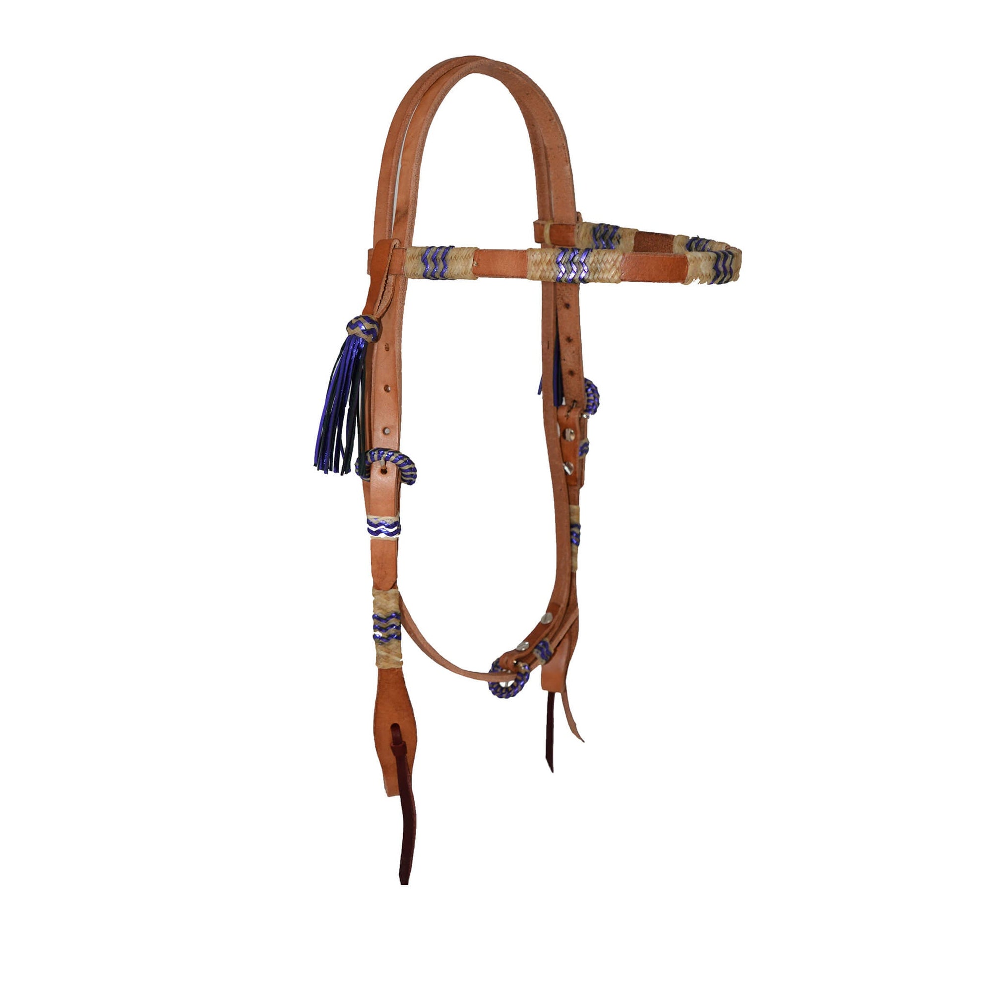 2030-BP 1/2" Straight browband headstall harness leather rawhide and metallic purple braiding with Spanish lace