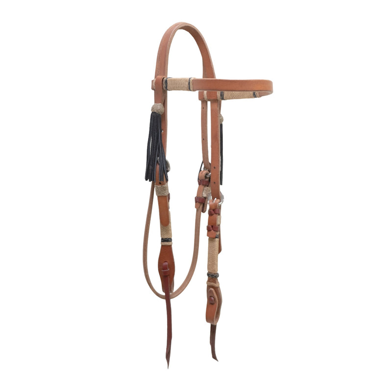 2030-HBI 1/2" Straight browband headstall harness leather rawhide and black braided stripes with braided loops and black