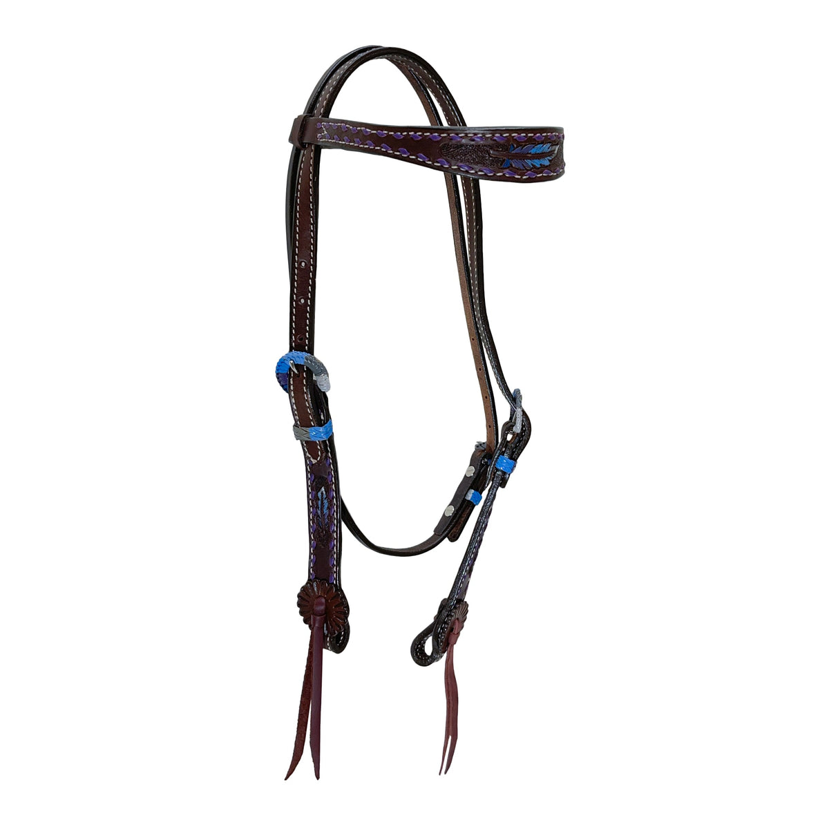 2800-FEATHER 1-1/2" Contour browband headstall chocolate leather multicolored feather tooled with buckstitch, Spanish