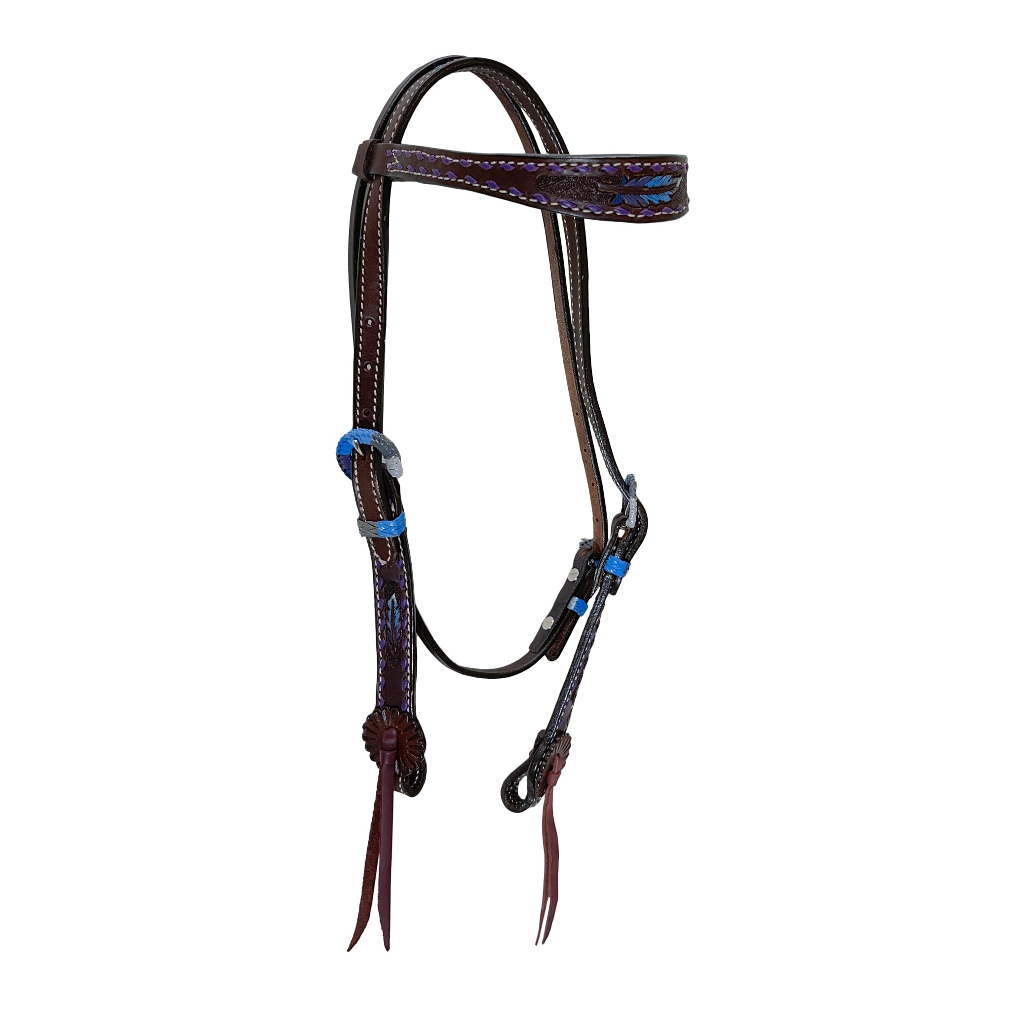 2800-FEATHER 1-1/2" Contour browband headstall chocolate leather multicolored feather tooled with buckstitch, Spanish