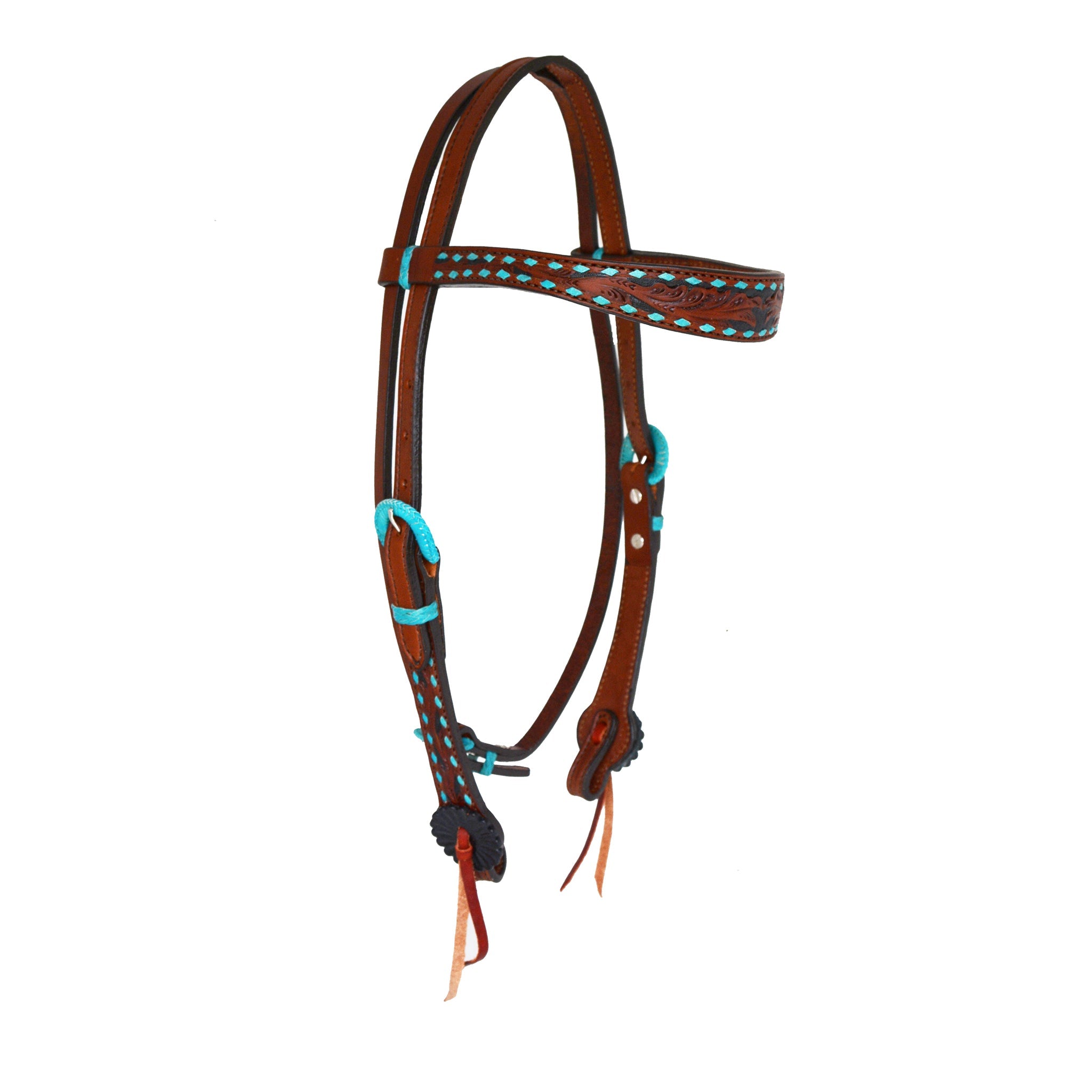 2800-TTBS 1-1/2" Contour browband headstall toast leather TTBS tooling with buckstitch, background paint, and Spanish