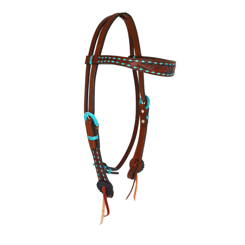 2800-TTBS 1-1/2" Contour browband headstall toast leather TTBS tooling with buckstitch, background paint, and Spanish