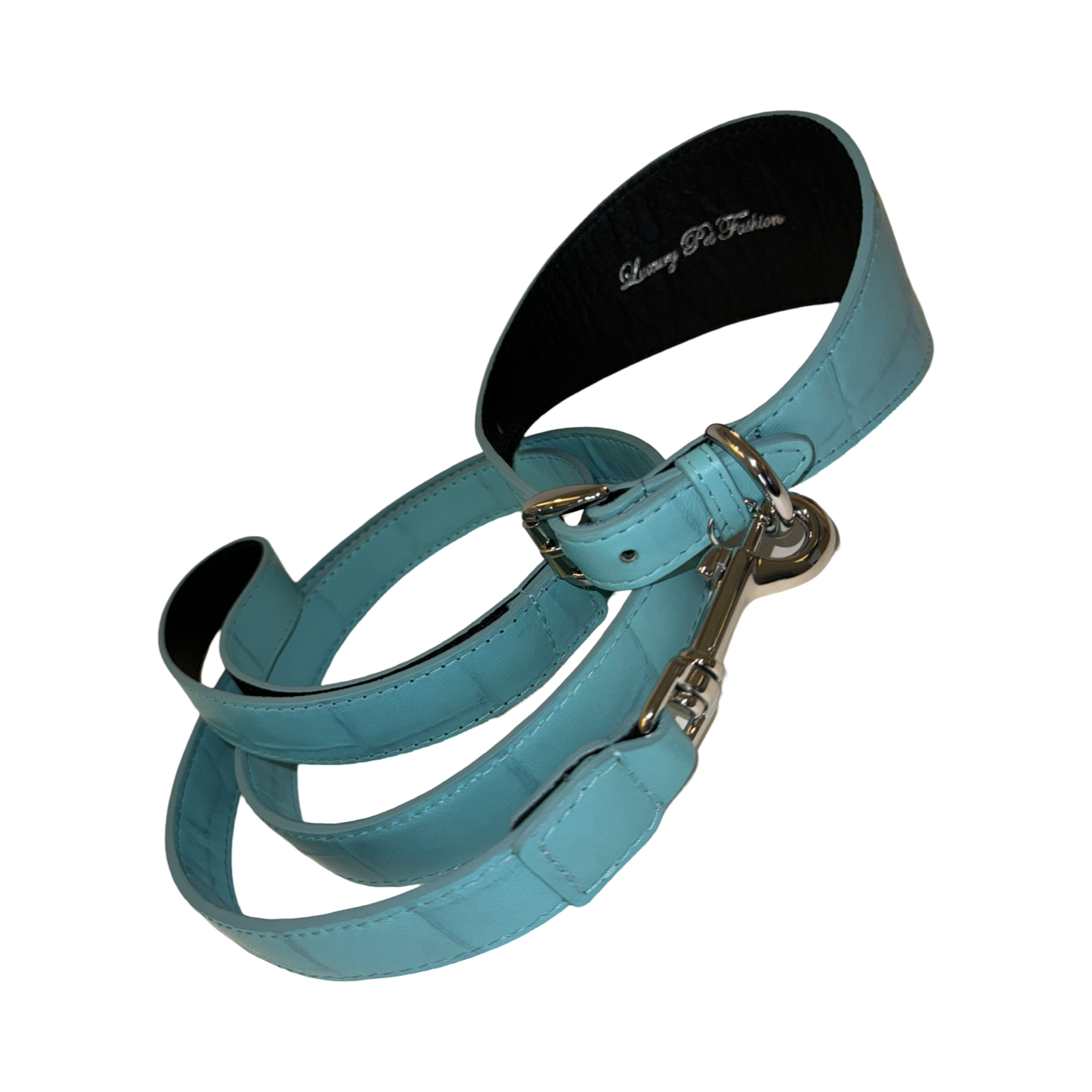 Allysa Payne The Tiffany Collection Turquoise Blue Embossed Croc Italian Leather 3-Inch Wide Style Dog Collar, With Silver Hardware