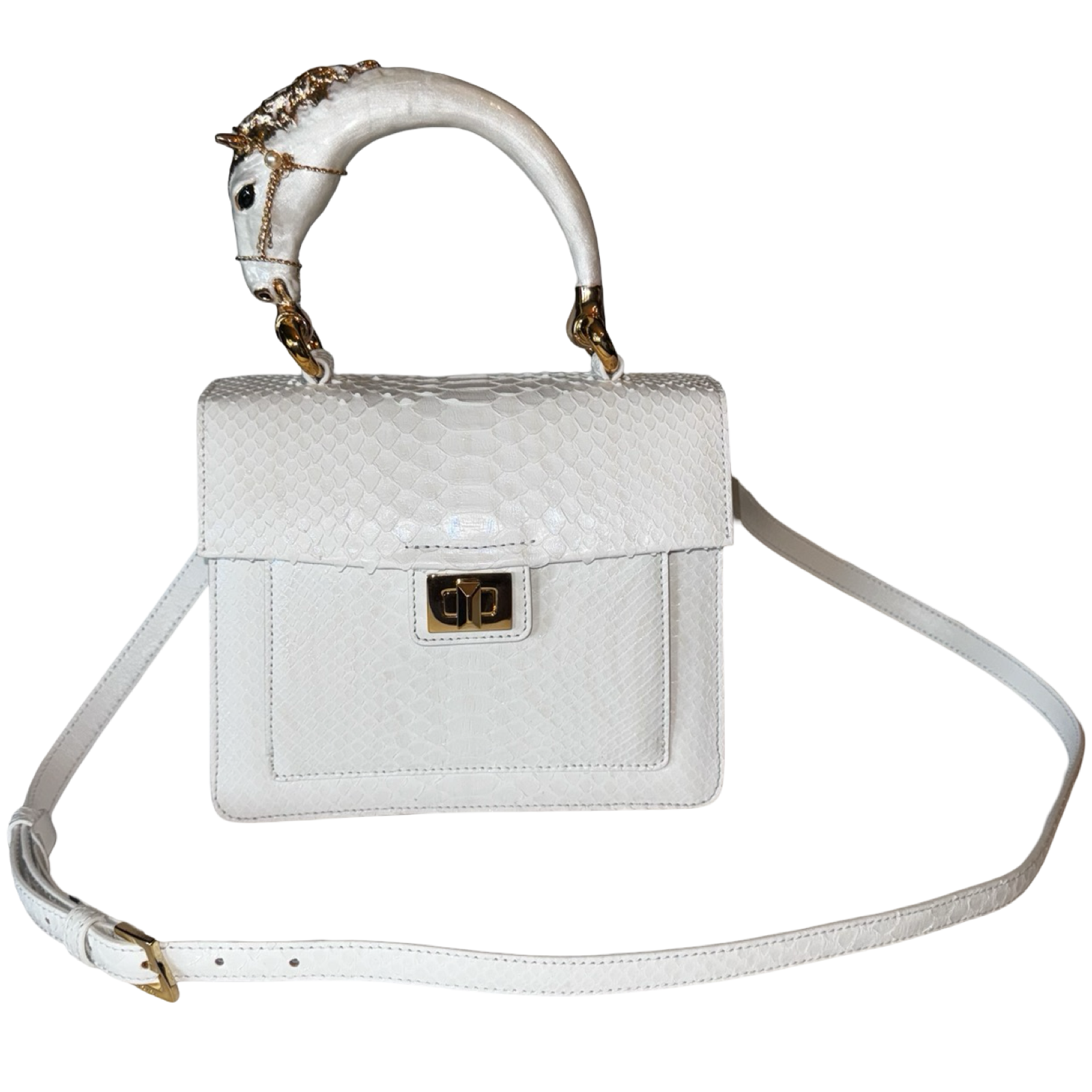 Allysa Payne Cosmo Horse Handle Handbag In Iridescent White Python