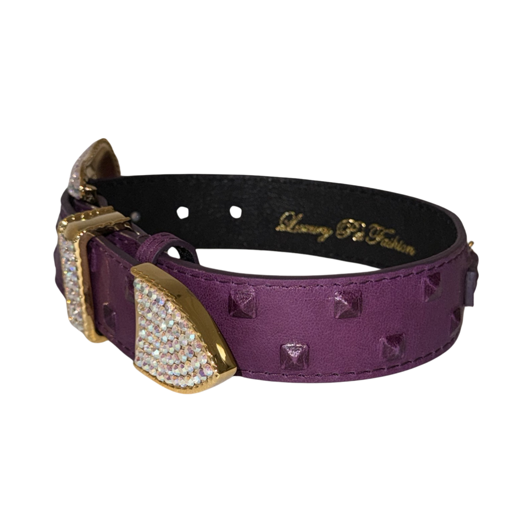 Allysa Payne Glamorous Boysenberry, Embossed Studded Italian Leather, Swarovski Crystal Dog Collar