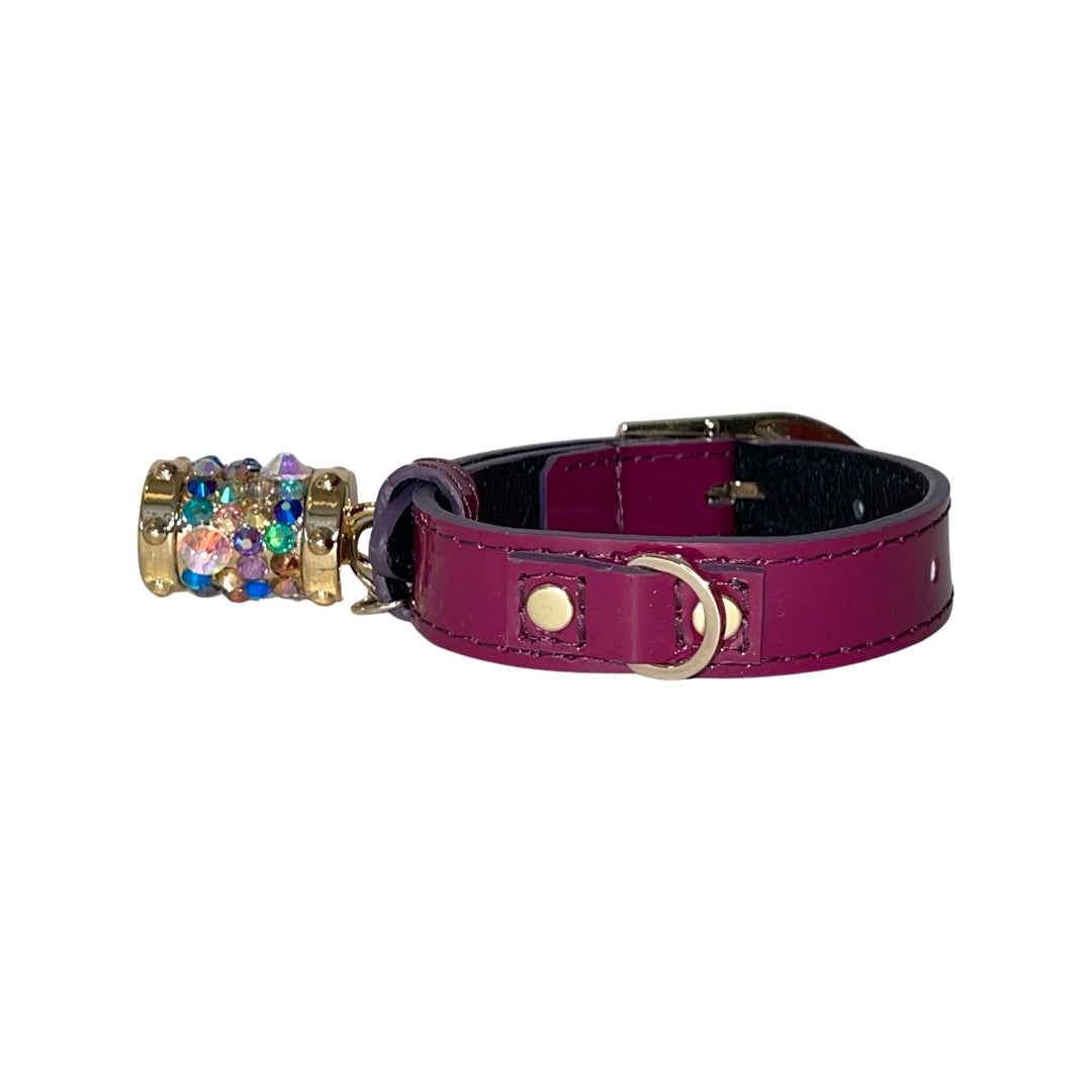 Allysa Payne XS 7"-14" Purple Patent Italian Leather Dog Collar/Custom Gold Italian Hardware With Swarovski Crystal Charm
