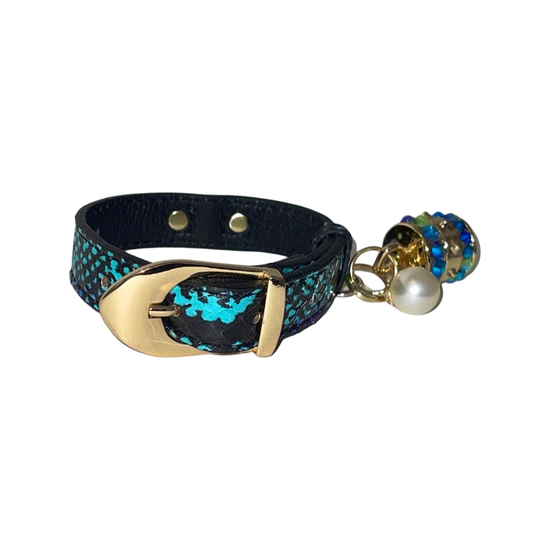 Allysa Payne XS 7"-14" Multi-Tone Turquoise, Blqck & Purple Custom Snake Dog Collar/Custom Gold Italian Hardware. Swarovski Crystal Charm & Pearl