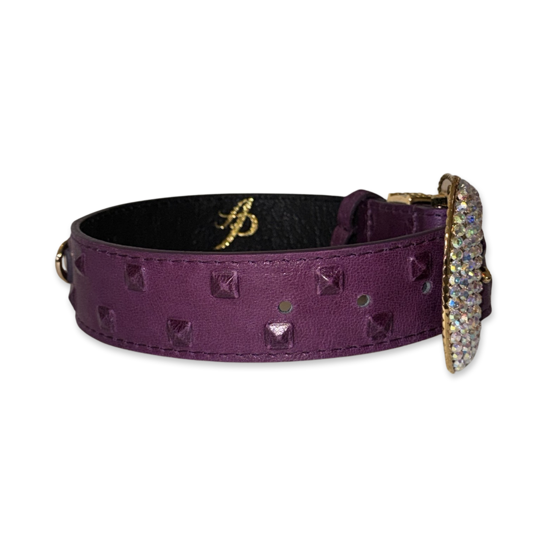 Allysa Payne Glamorous Boysenberry, Embossed Studded Italian Leather, Swarovski Crystal Dog Collar