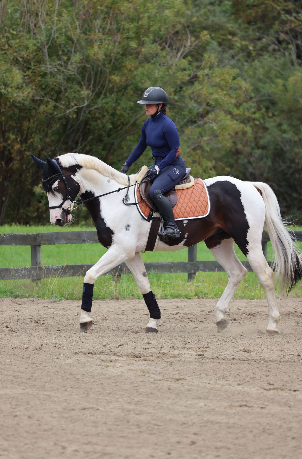 San Eligius cognac quilted jump saddle pad with white and black crocodile piping, side profile view