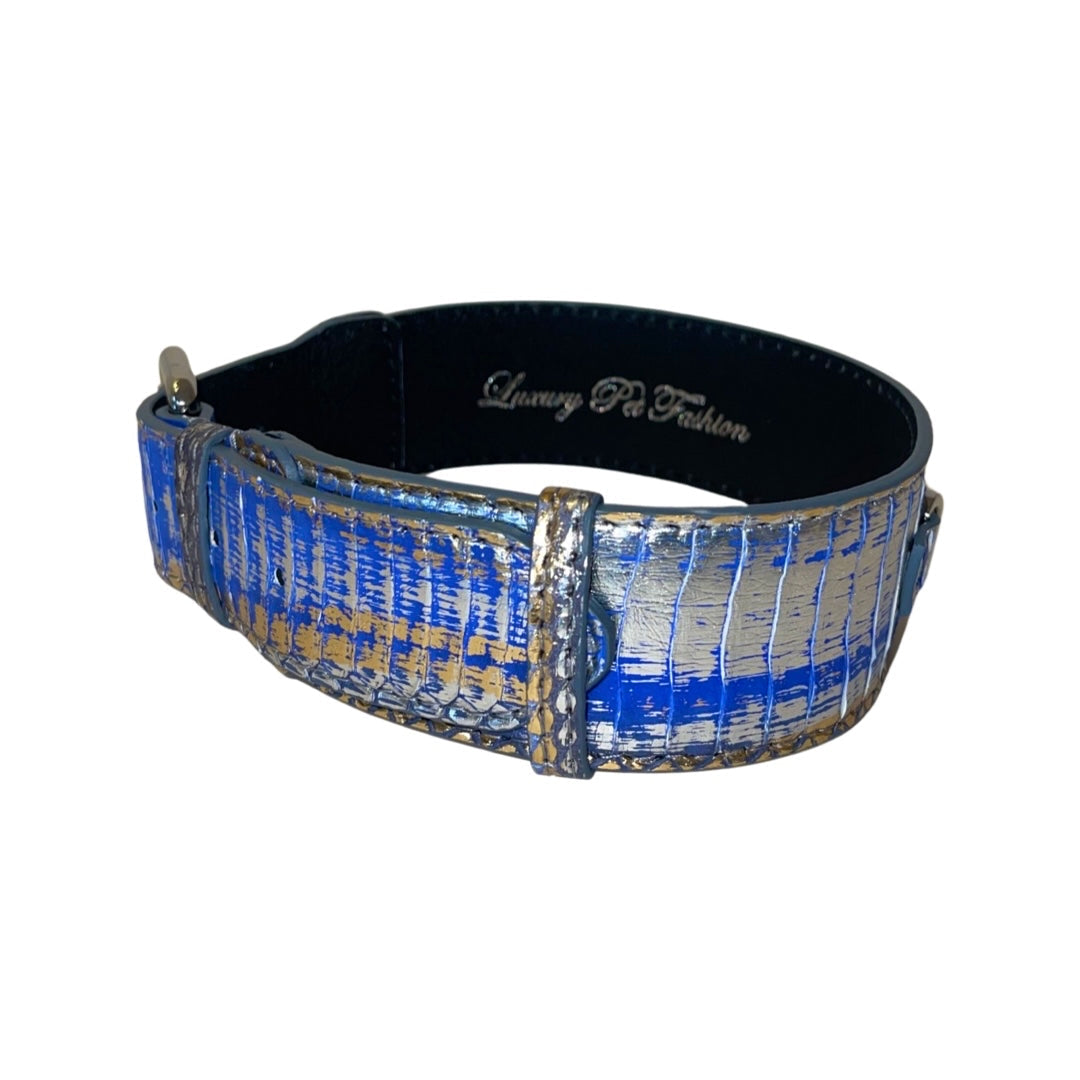 Allysa Payne Multi-Color Blue/Silver/Gold Snake, Classic Dog Collar With Silver Hardware
