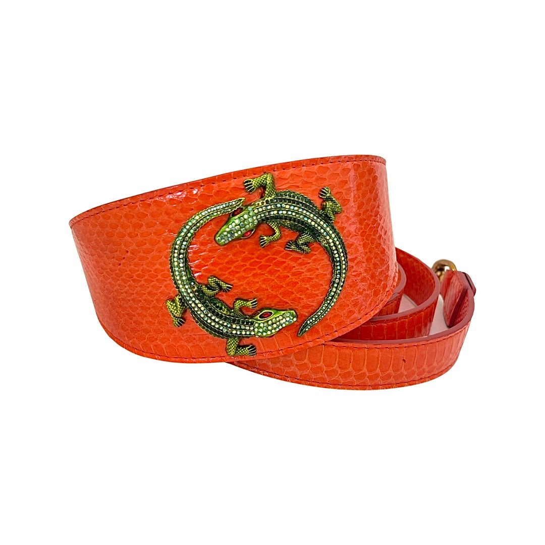 Allysa Payne Orange Snake 3-Inch Wide Style With Green Rhinestone Alligators Dog Collar & Leash Set