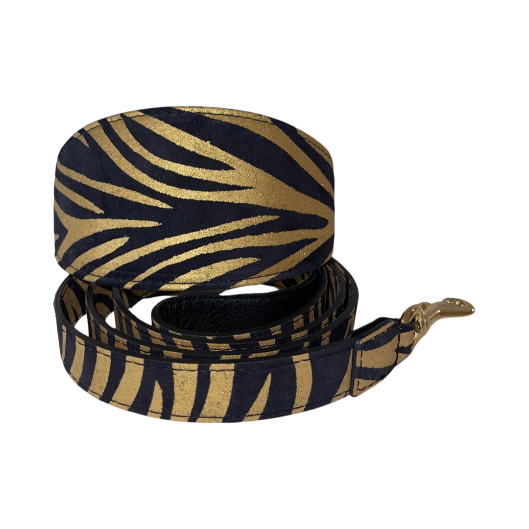 Allysa Payne Black & Gold Zebra Print Italian Leather Dog Collar & Leash Set