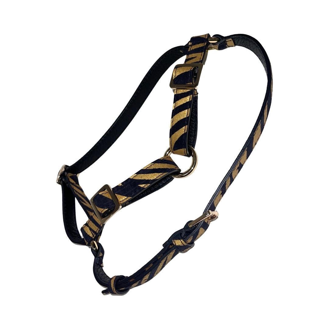Allysa Payne Black & Gold Zebra Print Italian Leather Dog Harness