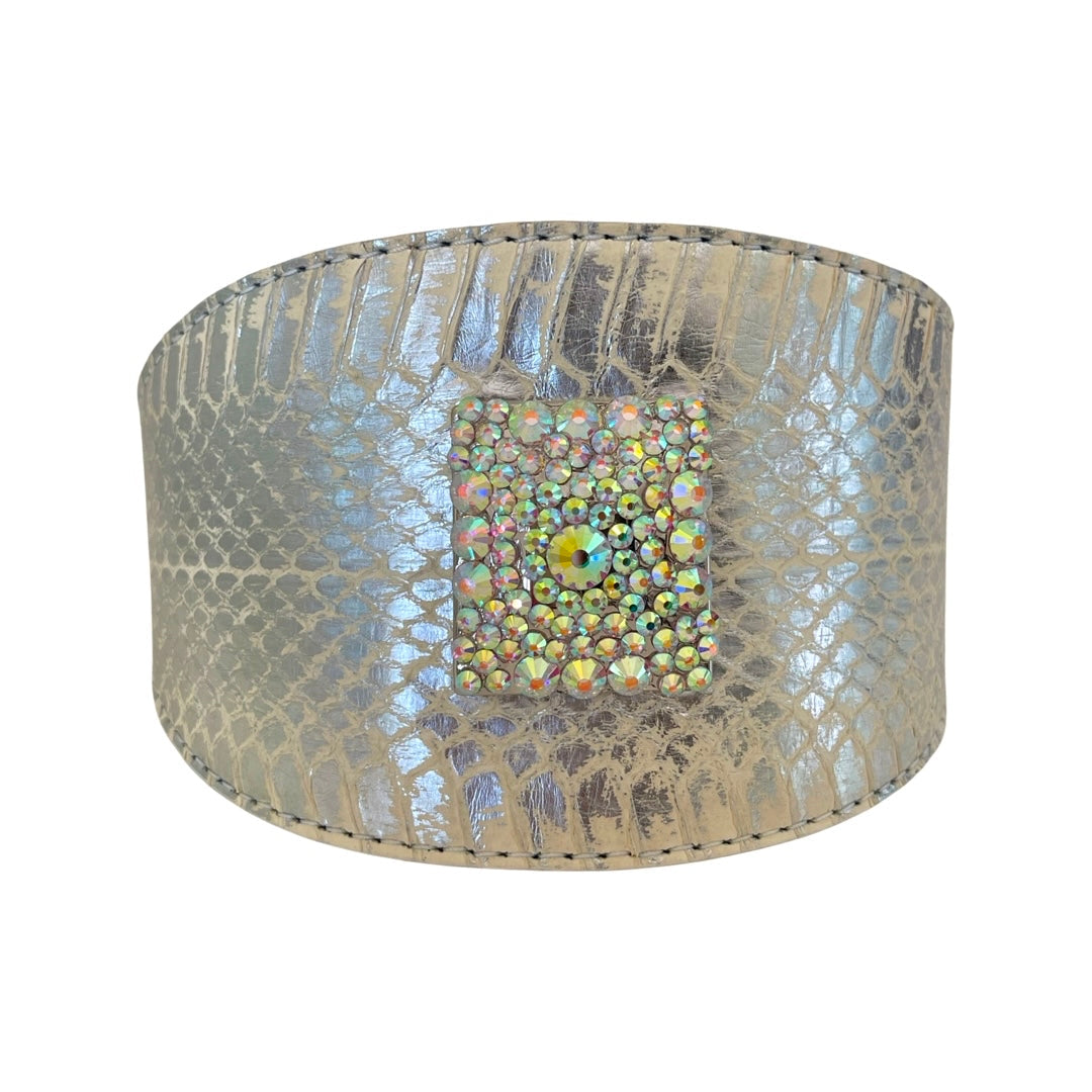 Allysa Payne Glamorous Silver Snake With our Custom Swarovski Crystal Rivet Dog Collar