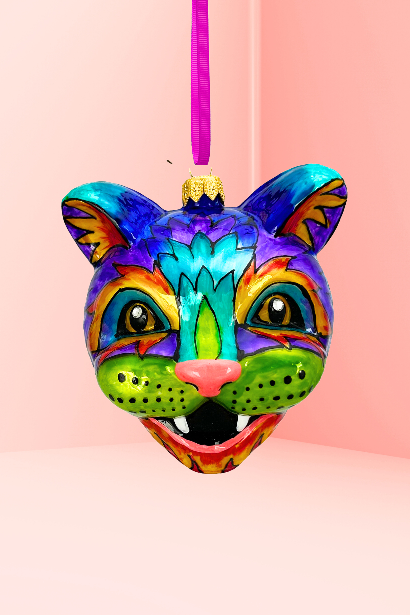 Technicolor Cat Folk Art Glass Ornament