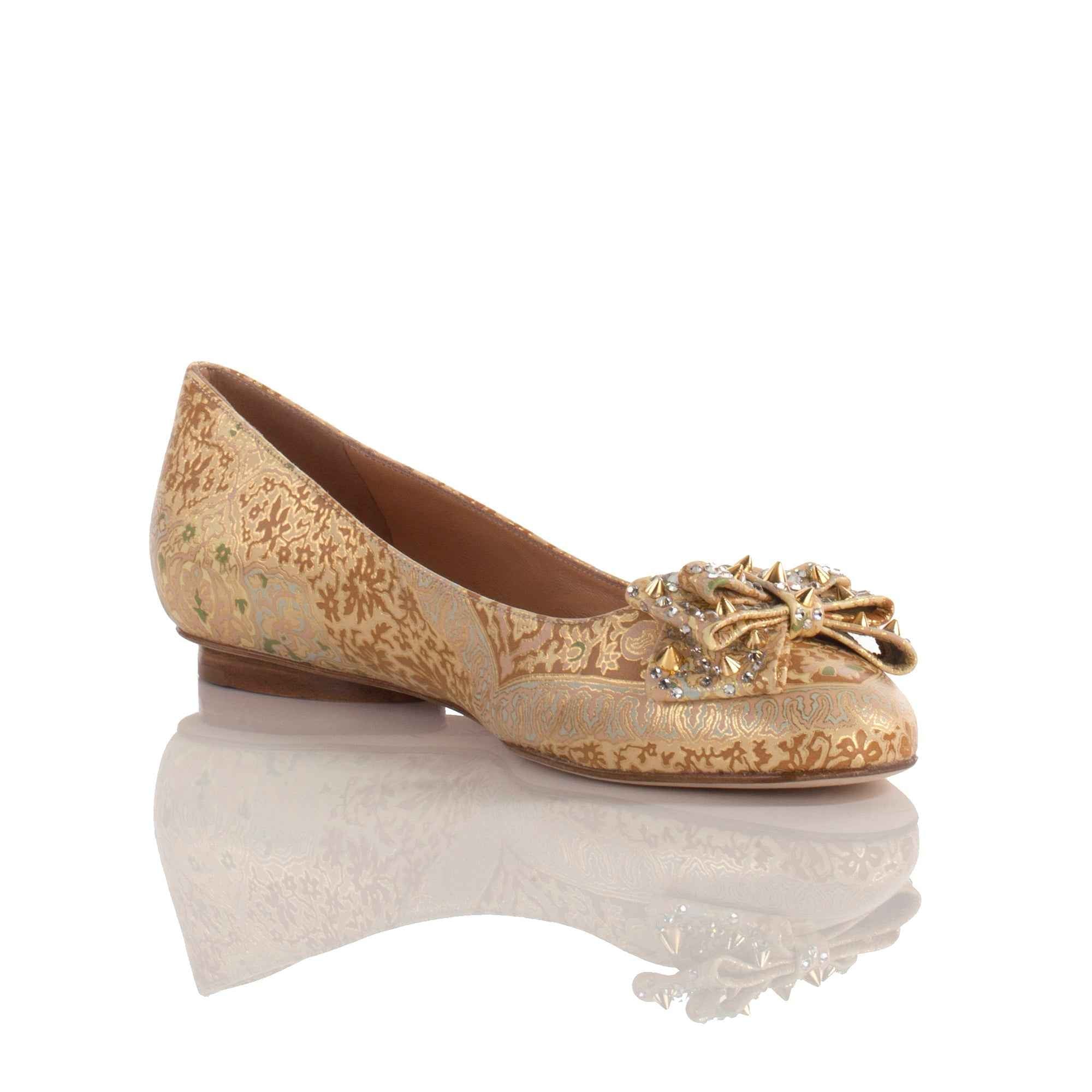 Allysa Payne Ablah Gold Leather Ballet Flat with Swarovski Crystals
