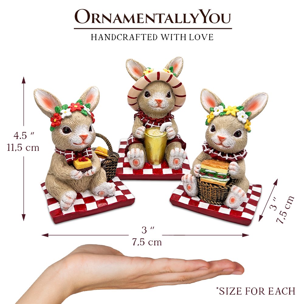 Joyful Picnic Gathering Bunny Trio Set of Three Figurines, Spring Rabbit Statue 4.5" Decor