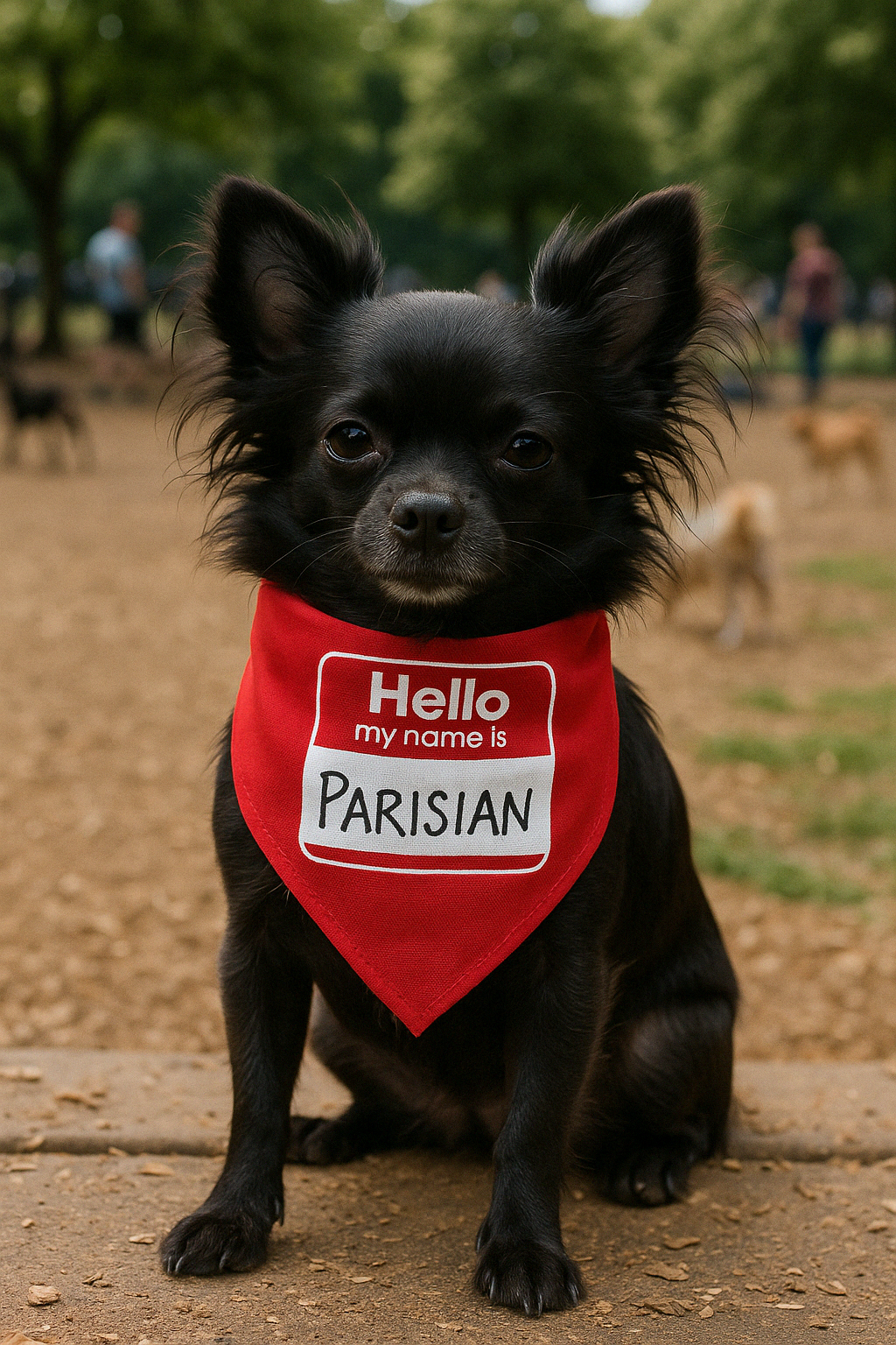 Parisian Pet Hello My Name Is Bandana - Trendy, Comfortable Red Pet Name Tag Bandana for Dogs & Cats