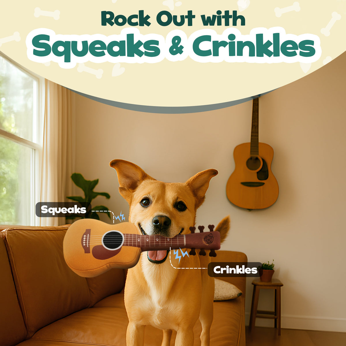 PUPROAR Guitar Dog Toy - Cute Squeaky Plush Dog Toy with Crinkle