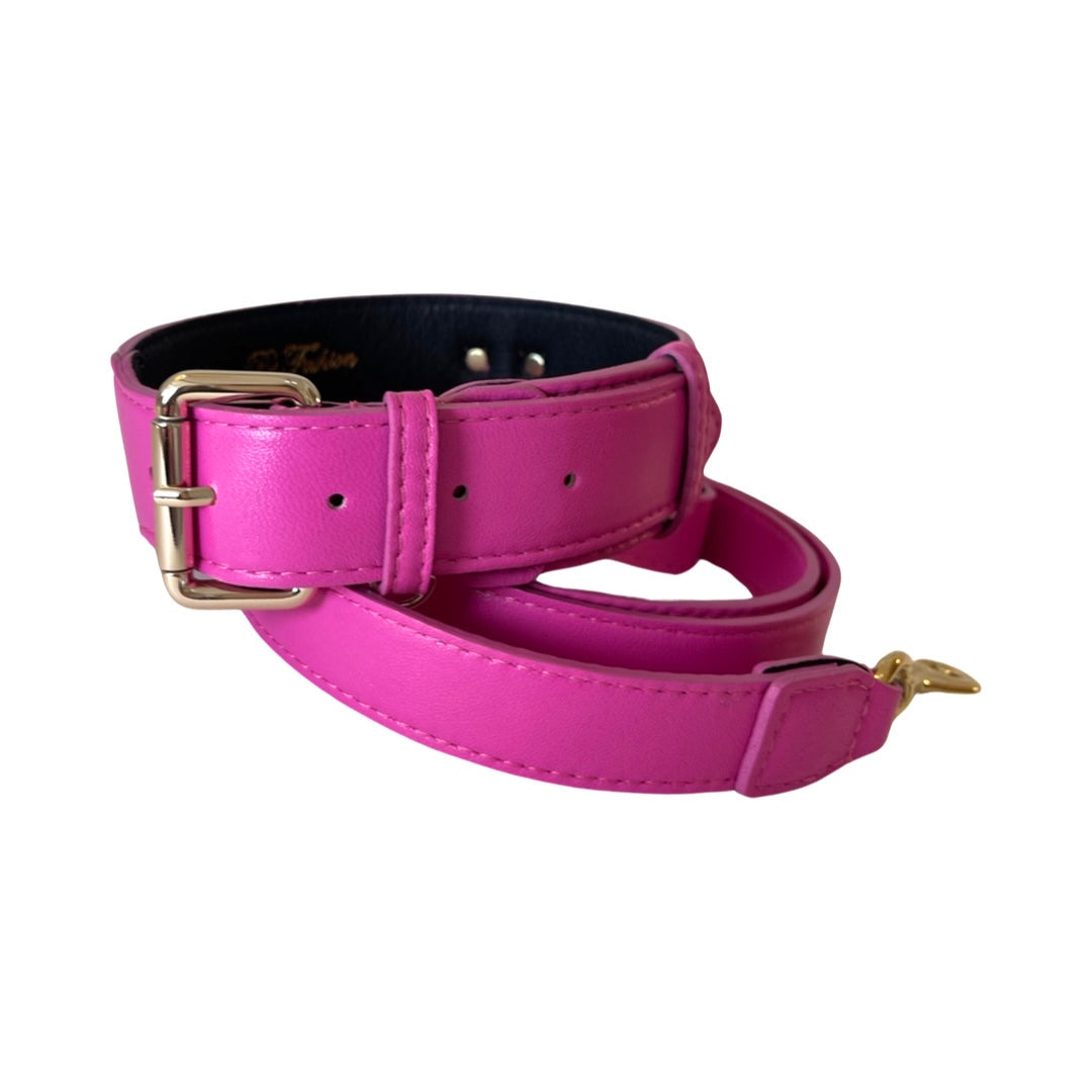 Allysa Payne Classic Fuchsia Pink Italian Leather Dog Collar & Leash Set