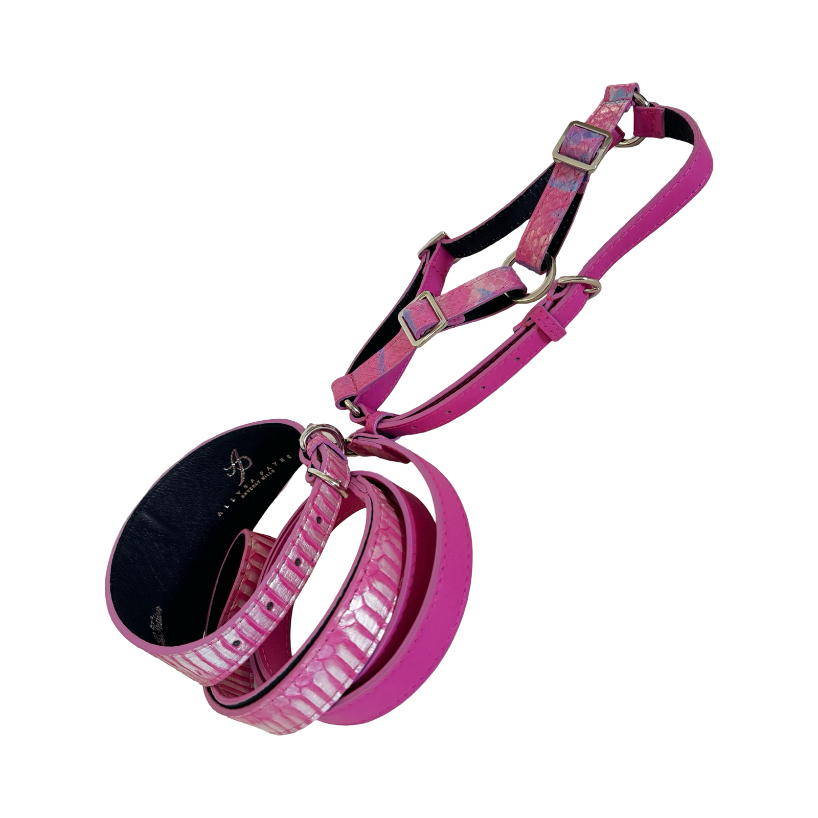 Allysa Payne Pavé In Pink Authentic Iridescent Snake 3-Inch Wide Style Statement Dog Collar, Leash & Harness Set