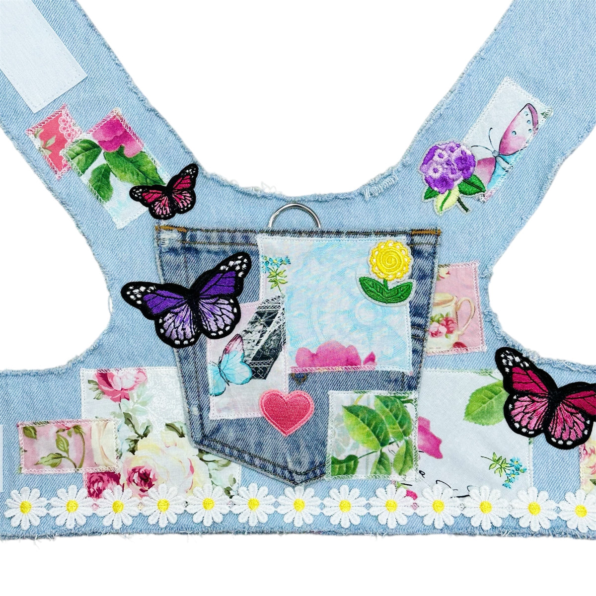 Heads or Tails Pup Floral Patchwork Denim Dog Harness