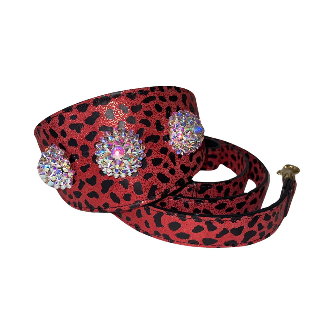 Glam Red & Black Leopard Print Italian Leather Collar & Leash Set