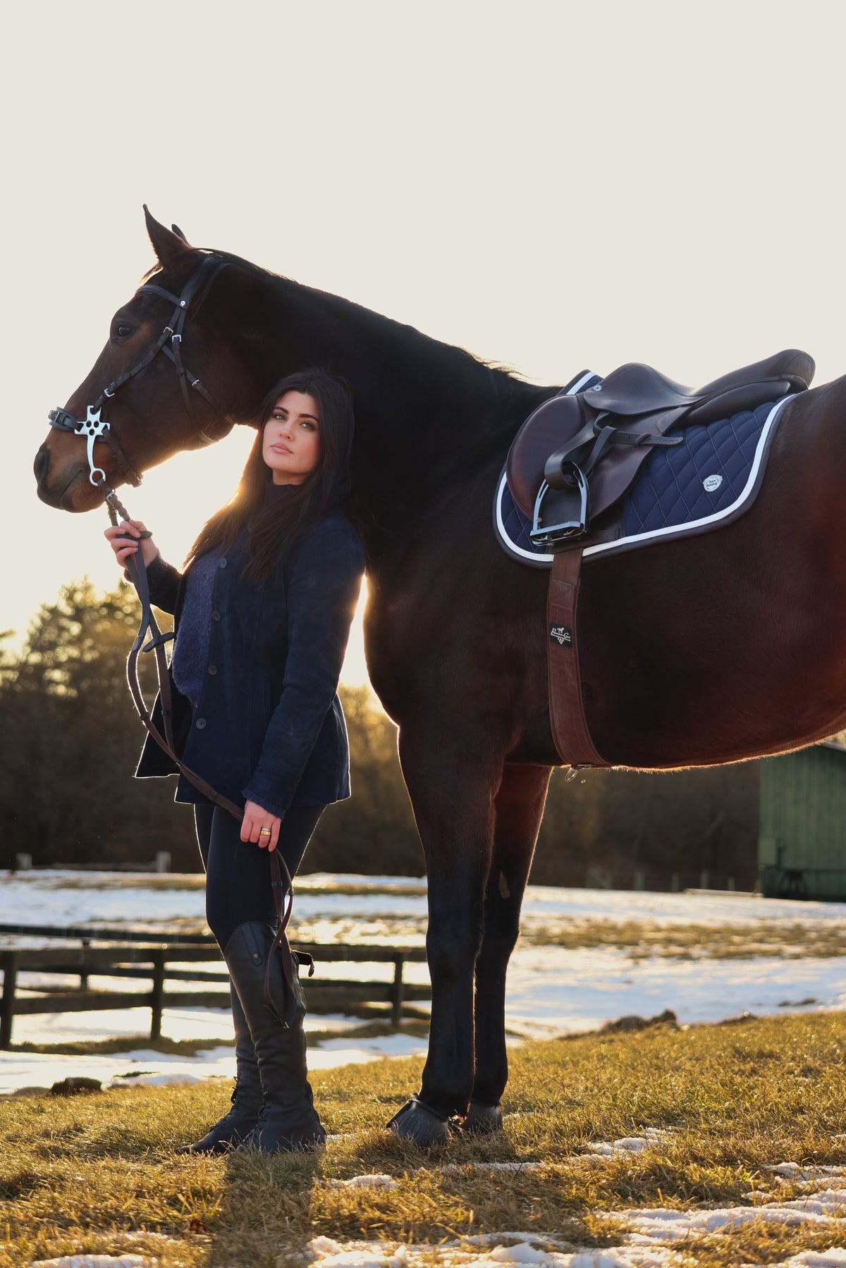 San Eligius navy quilted jump saddle pad with white and brown leather piping, close-up of wither relief