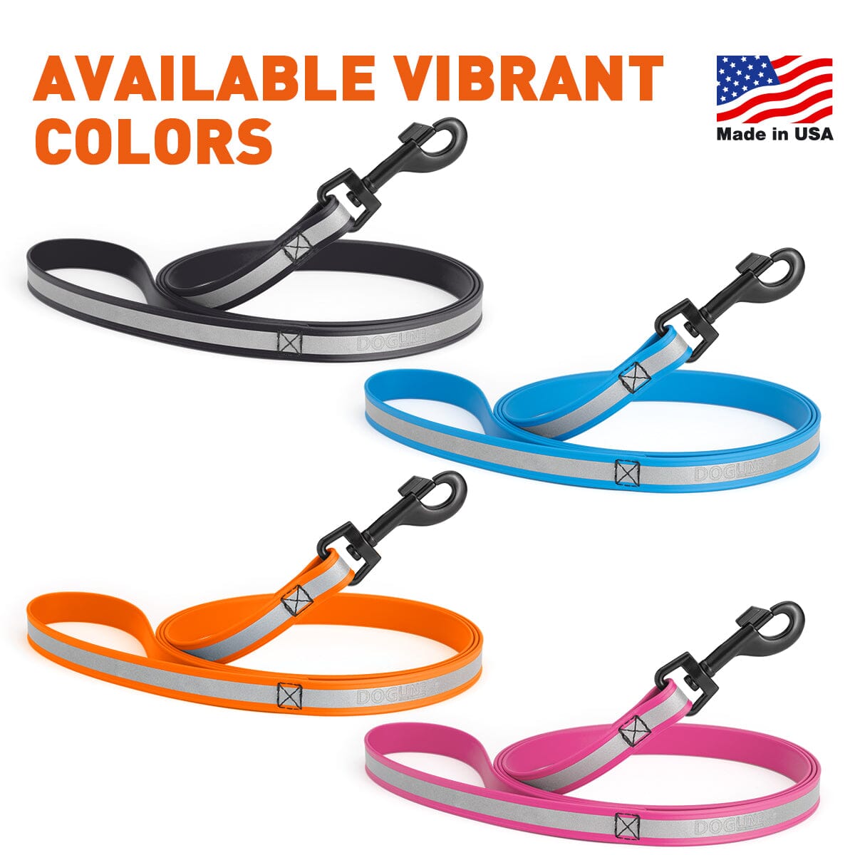 Dogline Reflective BioThane Dog Leash with Black Hardware