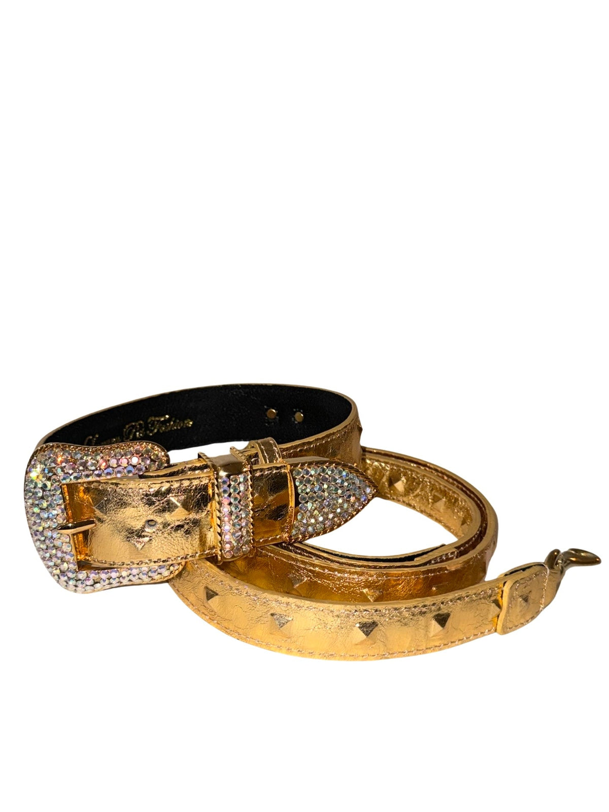Allysa Payne Glam Gold Embossed Studded Italian Leather With Our Custom Swarovski Crystal Buckle Dog Collar & Leash Set