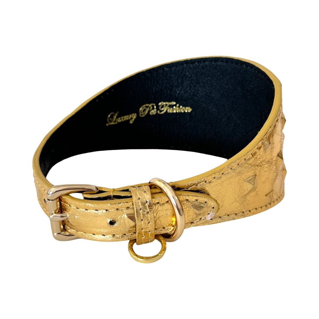 Allysa Payne Glam Gold Embossed Studded Italian Leather 3-Inch Wide Style Dog Collar