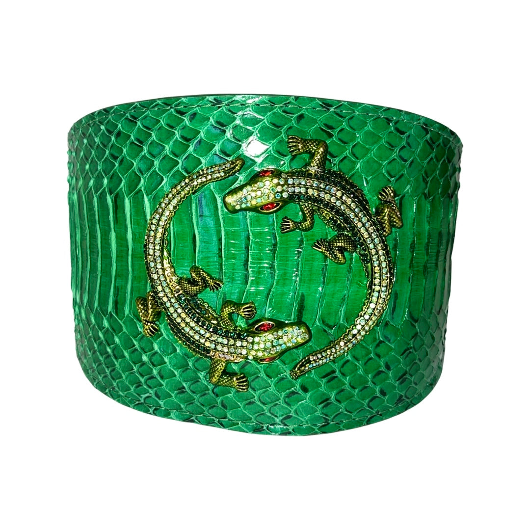Allysa Payne Emerald Green Snake Dog Collar With Green Rhinestone Alligators