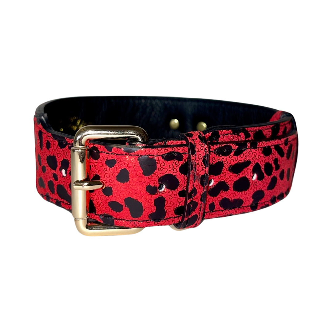 Allysa Payne Red & Black Leopard Print Italian Leather Classic Dog Collar
