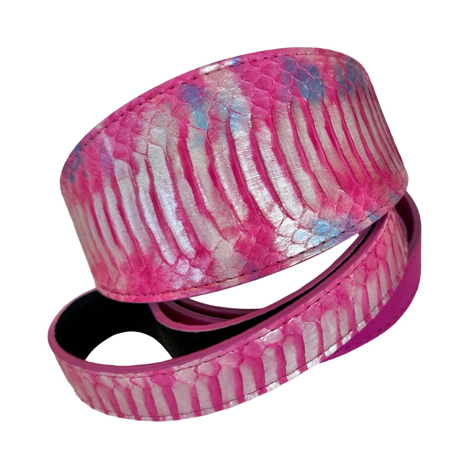 Allysa Payne Pavé In Pink Authentic Iridescent Snake 3-Inch Wide Style Statement Dog Collar & Leash Set