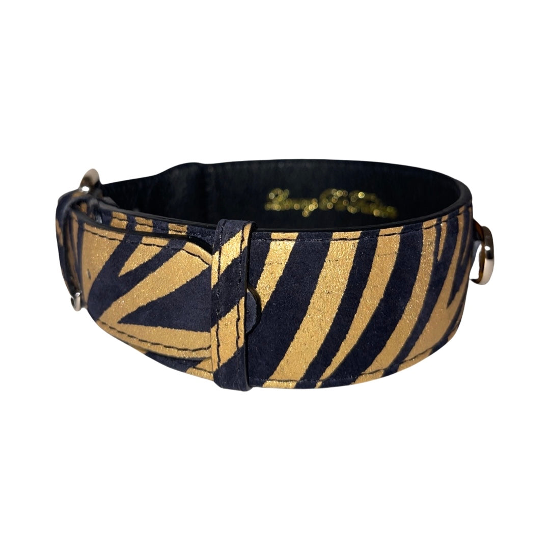 Allysa Payne Black & Gold Zebra Print Italian Leather Classic Dog Collar
