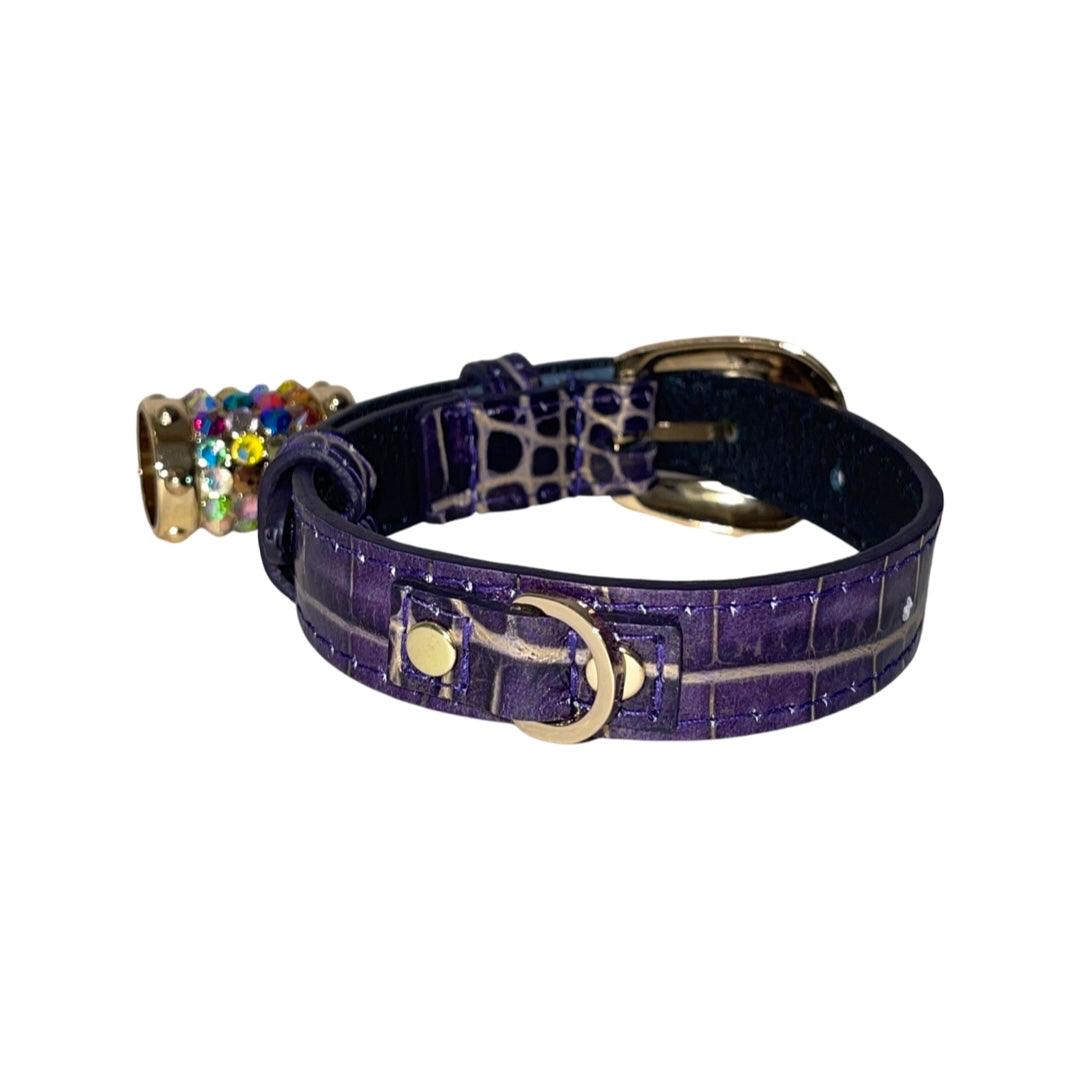 Allysa Payne XS 7"-14" Purple/Gold Embossed Croc Italian Leather Dog Collar/Custom Gold Oval Italian Hardware & Swarovski Crystal Charm