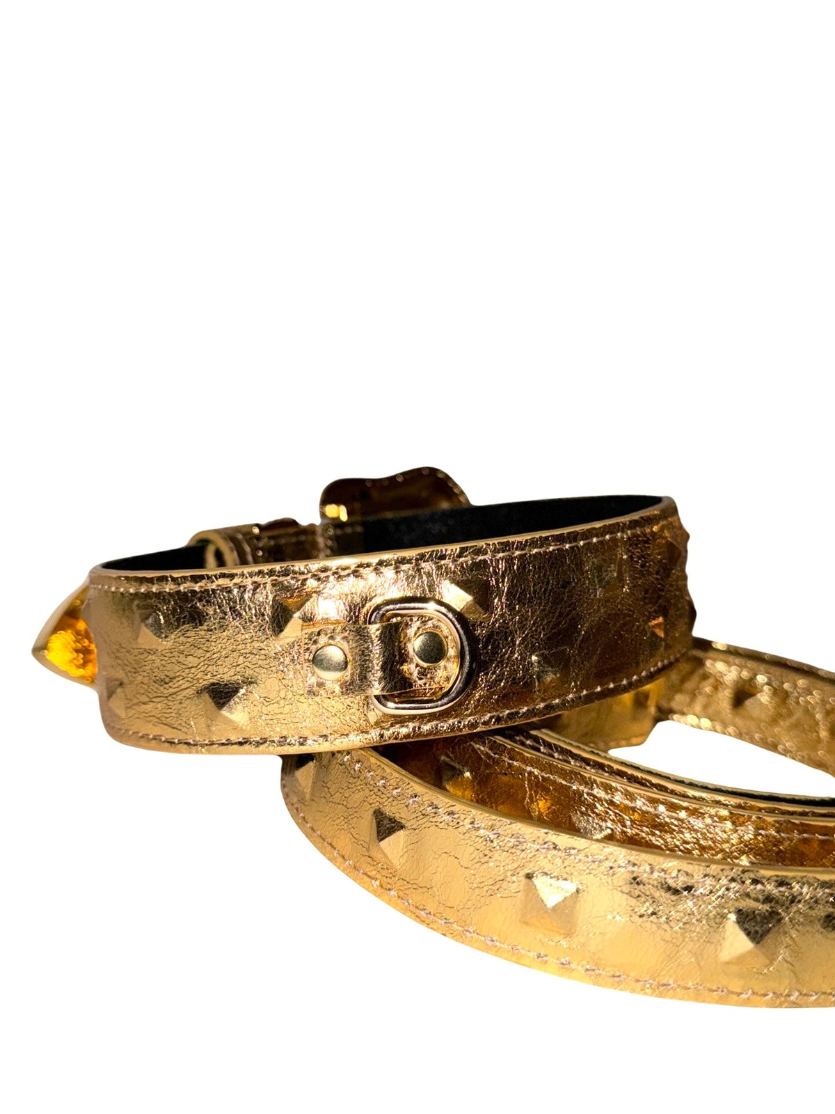 Allysa Payne Glam Gold Embossed Studded Italian Leather With Our Custom Swarovski Crystal Buckle Dog Collar & Leash Set