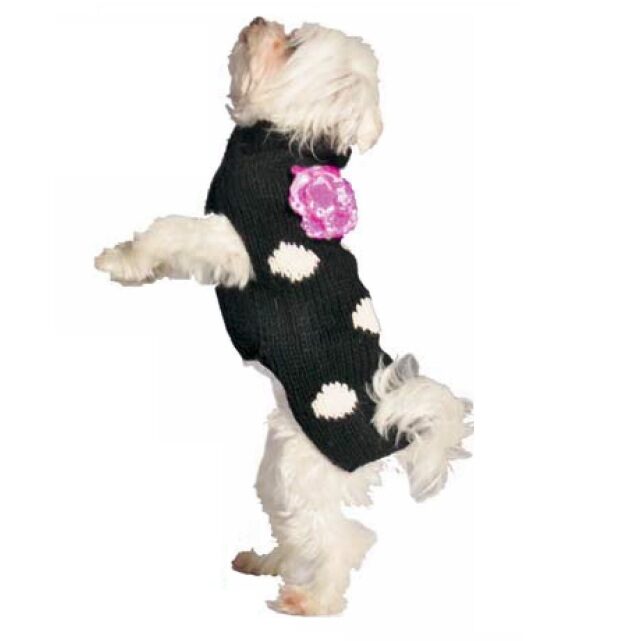 Chilly Dog Black Polka Dot Pink Flower Dog Sweater