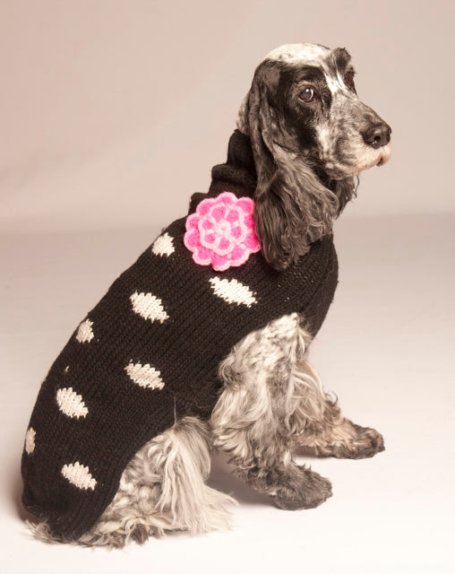 Chilly Dog Black Polka Dot Pink Flower Dog Sweater